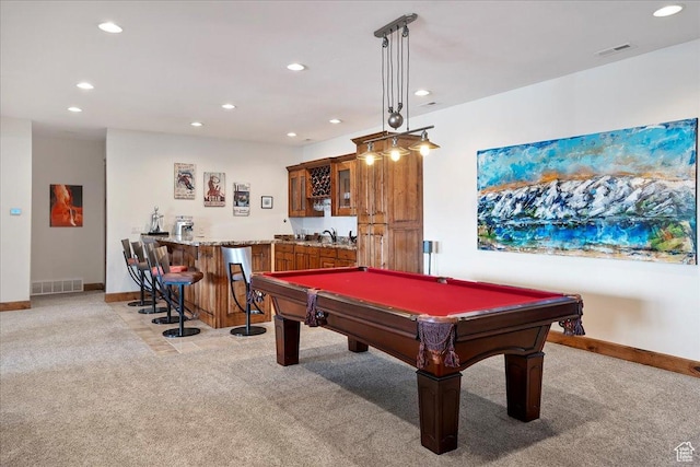 1049 S Meadow Lark Ln E, Huntsville, UT 84317 - rec room with light colored carpet, bar with sink, recessed lighting, baseboards, and billiards table