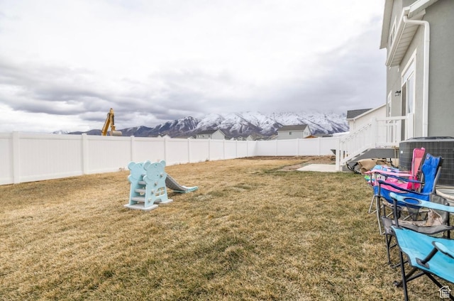 910 N 260 W, Santaquin, UT 84655 - view of yard with a fenced backyard, a mountain view, and central AC