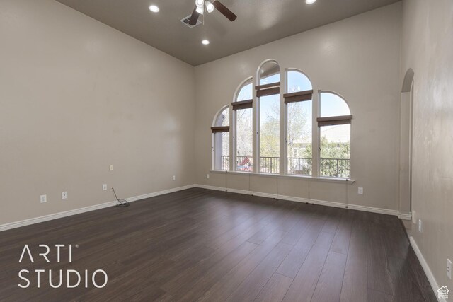 2445 E 2860 S, St George, UT 84790 - spare room featuring baseboards, recessed lighting, ceiling fan, and dark wood-type flooring