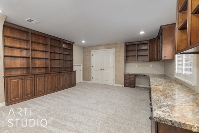2445 E 2860 S, St George, UT 84790 - interior space with baseboards, built in desk, recessed lighting, light carpet, and open shelves
