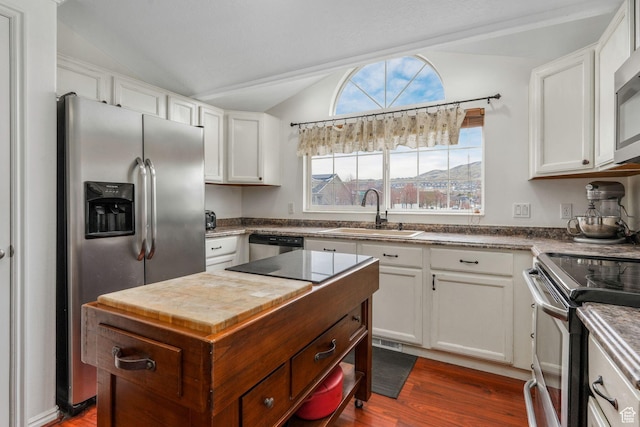 kitchen featuring vaulted ceiling, a sink, white cabinets, stainless steel appliances, and wood counters