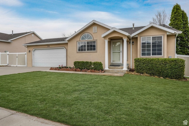 single story home with driveway, stucco siding, an attached garage, fence, and a front lawn