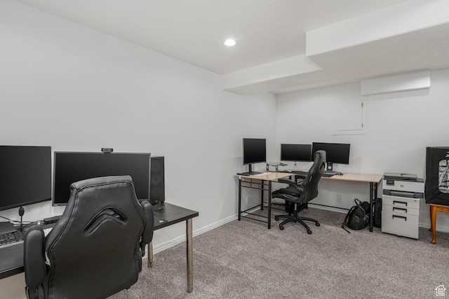 carpeted office with baseboards and recessed lighting
