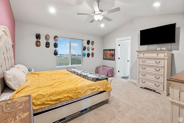 3161 N 3150 W, Plain City, UT 84404 - bedroom featuring recessed lighting, lofted ceiling, light colored carpet, and ceiling fan