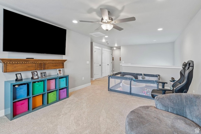 3161 N 3150 W, Plain City, UT 84404 - interior space featuring carpet, a ceiling fan, baseboards, visible vents, and recessed lighting