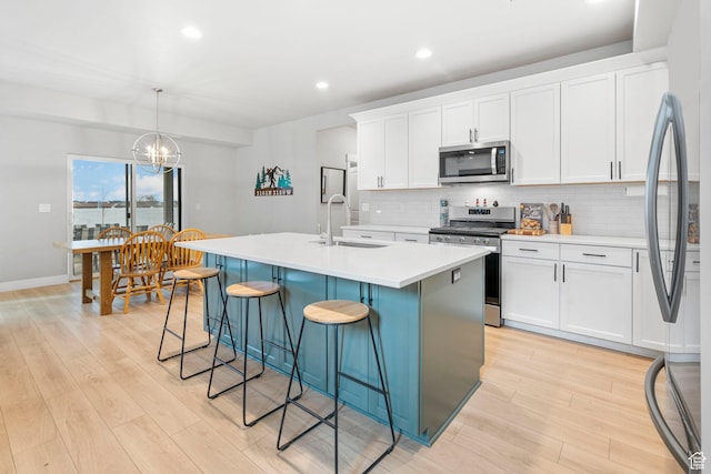kitchen featuring a sink, stainless steel appliances, light wood finished floors, and decorative backsplash