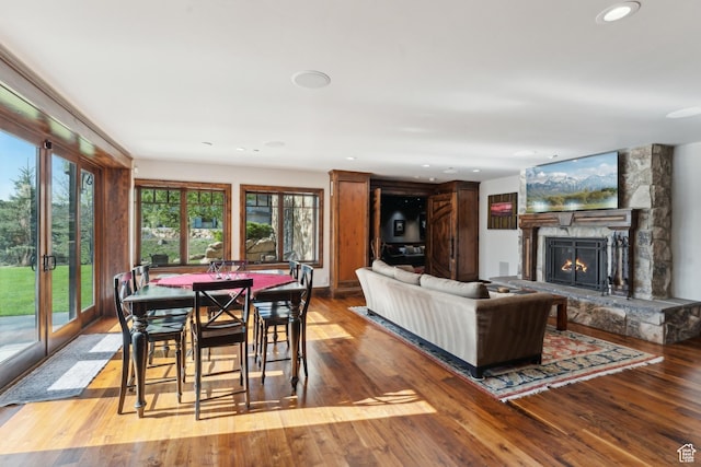7507 Sage Meadow Rd, Park City, UT 84098 - living room with wood finished floors, a fireplace, and recessed lighting