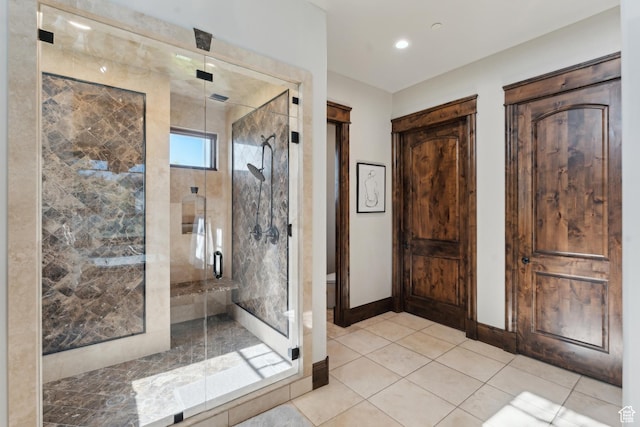 7507 Sage Meadow Rd, Park City, UT 84098 - bathroom with a shower stall, baseboards, tile patterned floors, and recessed lighting