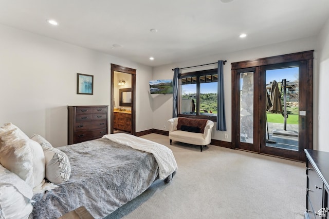 7507 Sage Meadow Rd, Park City, UT 84098 - bedroom with access to exterior, carpet, recessed lighting, baseboards, and ensuite bath