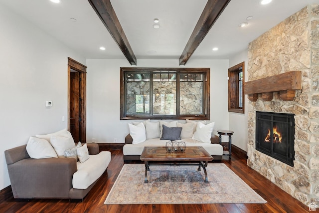 7507 Sage Meadow Rd, Park City, UT 84098 - living room with beam ceiling, a stone fireplace, dark wood-style floors, baseboards, and recessed lighting