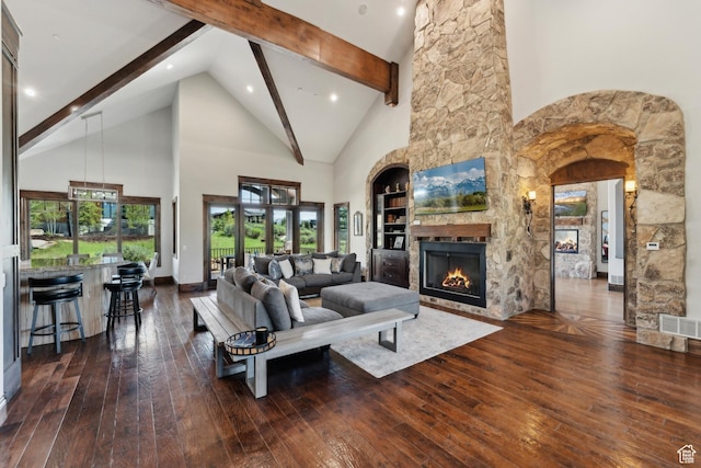 7507 Sage Meadow Rd, Park City, UT 84098 - living area featuring a fireplace, high vaulted ceiling, wood-type flooring, beam ceiling, and recessed lighting