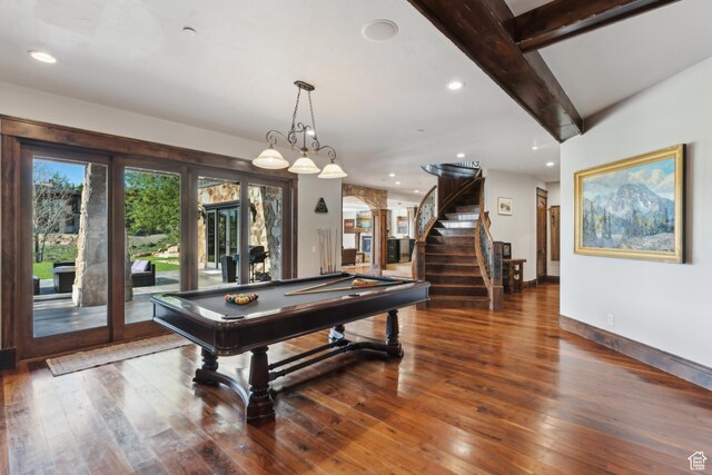 7507 Sage Meadow Rd, Park City, UT 84098 - rec room featuring pool table, wood-type flooring, recessed lighting, baseboards, and french doors