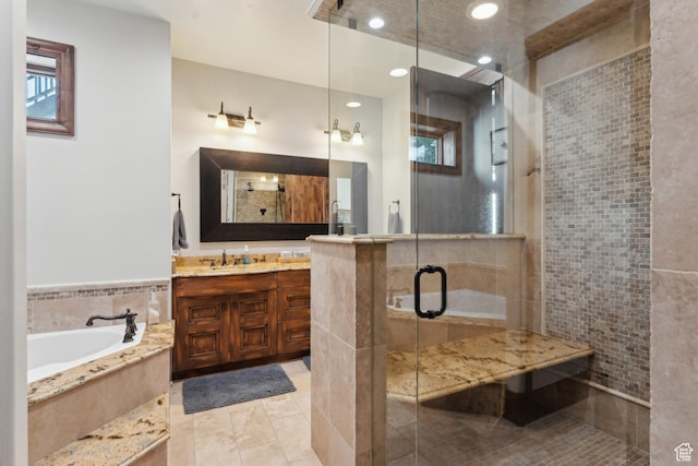 7507 Sage Meadow Rd, Park City, UT 84098 - bathroom with a stall shower, a garden tub, vanity, tile patterned flooring, and recessed lighting
