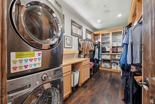 7507 Sage Meadow Rd, Park City, UT 84098 - washroom featuring stacked washer / dryer, dark wood-style flooring, and recessed lighting