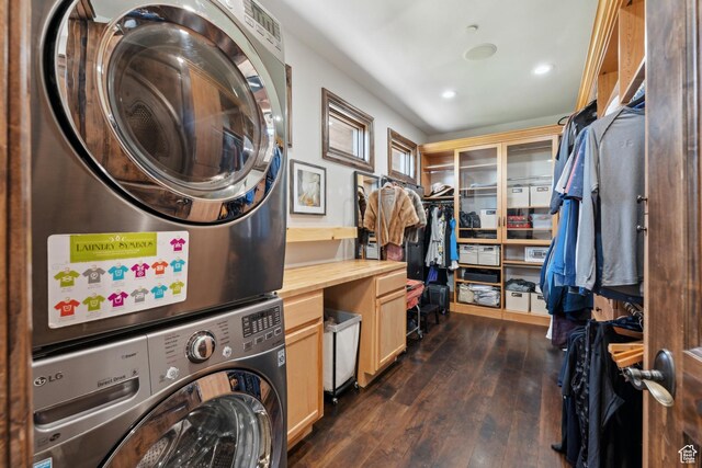 7507 Sage Meadow Rd, Park City, UT 84098 - laundry room featuring stacked washer / drying machine, dark wood finished floors, and recessed lighting