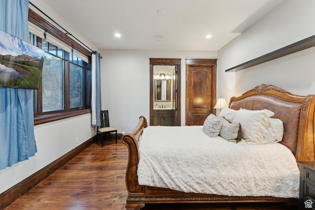 7507 Sage Meadow Rd, Park City, UT 84098 - bedroom with dark wood-style floors, baseboards, ensuite bathroom, recessed lighting, and a sink