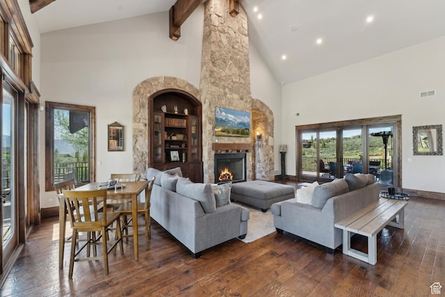 7507 Sage Meadow Rd, Park City, UT 84098 - living room featuring high vaulted ceiling, dark wood-style flooring, beamed ceiling, baseboards, and a fireplace