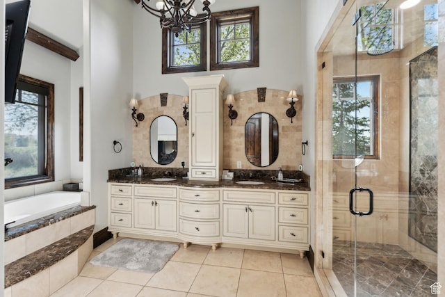 7507 Sage Meadow Rd, Park City, UT 84098 - bathroom featuring healthy amount of natural light, a shower stall, a chandelier, and beamed ceiling