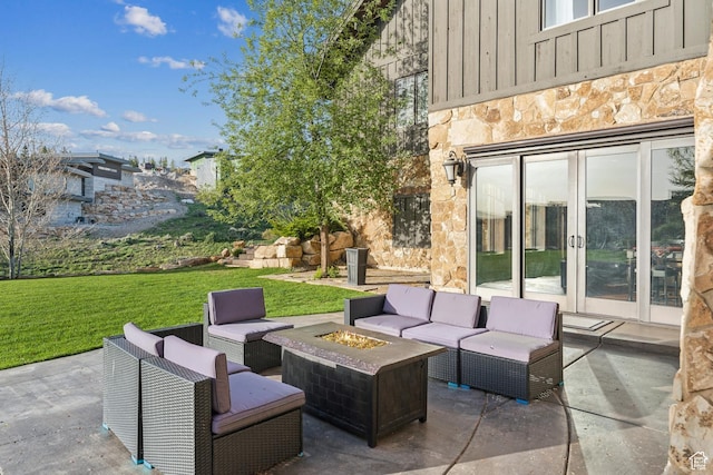 7507 Sage Meadow Rd, Park City, UT 84098 - view of patio / terrace featuring french doors and an outdoor living space with a fire pit