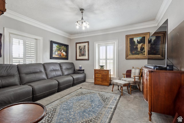 368 E 300 N, Logan, UT 84321 - living area featuring crown molding, an inviting chandelier, and light colored carpet