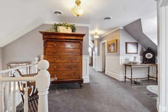 368 E 300 N, Logan, UT 84321 - bedroom with carpet flooring, visible vents, wainscoting, and vaulted ceiling