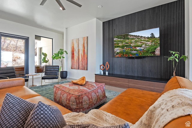 living area with ceiling fan