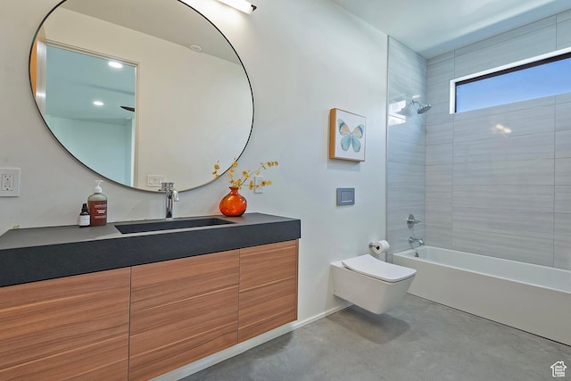 bathroom featuring concrete flooring, toilet, vanity, and shower / washtub combination