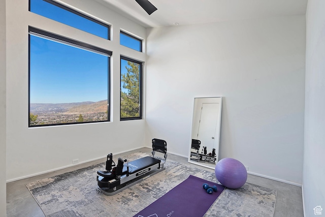 exercise room featuring a high ceiling, baseboards, and a wealth of natural light