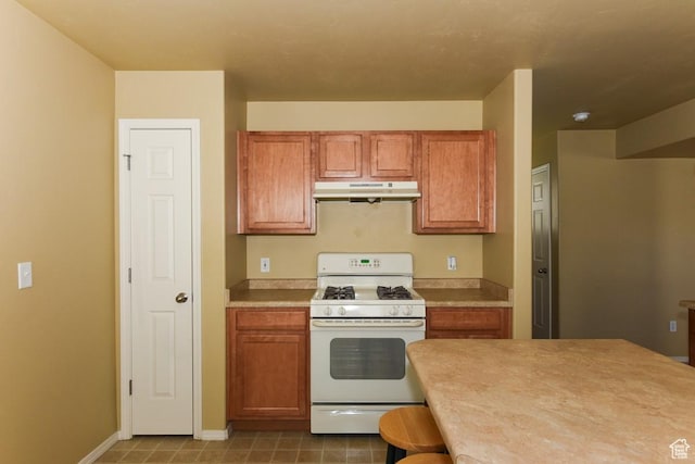 202 E Aparicio Dr, Tooele, UT 84074 - kitchen featuring white range with gas stovetop, light countertops, baseboards, brown cabinets, and under cabinet range hood