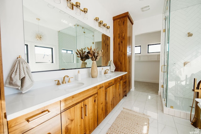 1154 Fawn, Pleasant View, UT 84414 - bathroom with marble finish floor, double vanity, a sink, and a stall shower