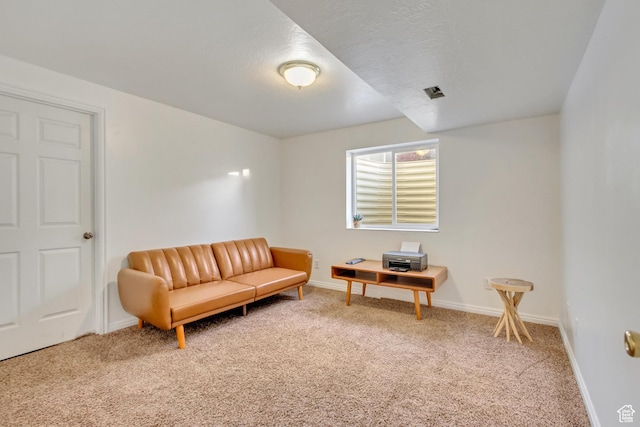 living area with baseboards, carpet floors, and visible vents