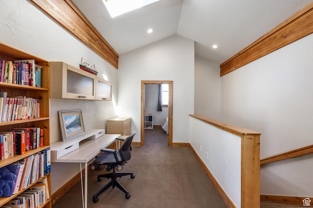 carpeted home office featuring recessed lighting, baseboards, and lofted ceiling with skylight
