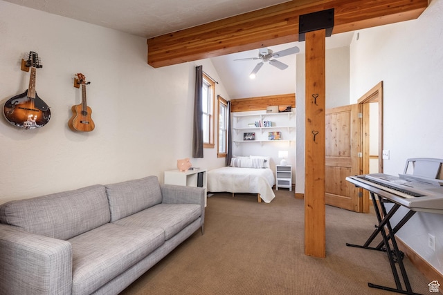 bedroom with lofted ceiling with beams and carpet flooring