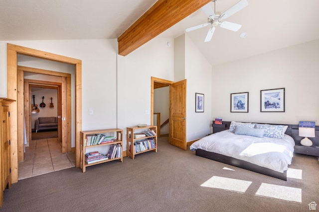 bedroom featuring high vaulted ceiling, ceiling fan, beamed ceiling, and carpet flooring