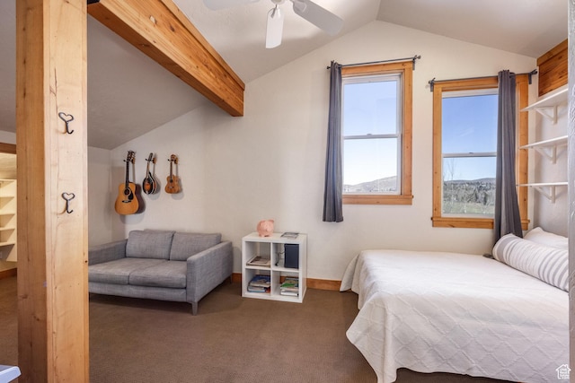 bedroom featuring a ceiling fan, baseboards, lofted ceiling with beams, and carpet