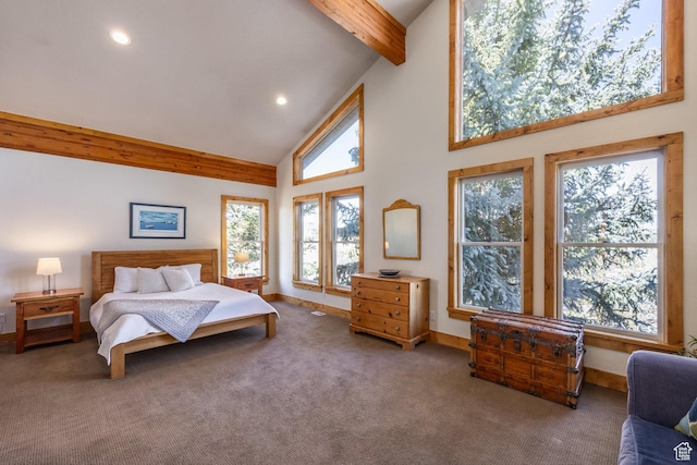 carpeted bedroom featuring recessed lighting, baseboards, beam ceiling, and high vaulted ceiling