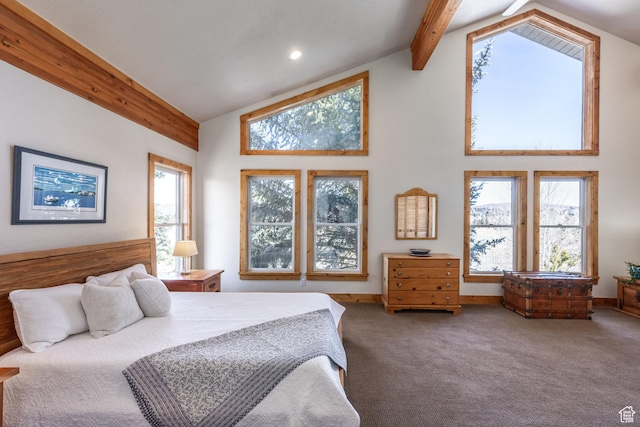 bedroom with carpet flooring, recessed lighting, high vaulted ceiling, and beamed ceiling