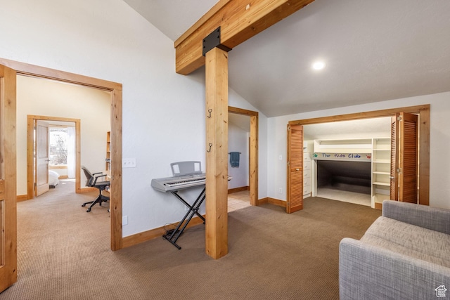 hall featuring vaulted ceiling with beams, carpet flooring, and baseboards