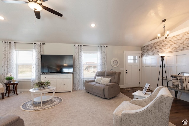 185 W 200 N, Centerfield, UT 84622 - living room with ceiling fan with notable chandelier, lofted ceiling, and recessed lighting
