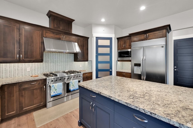 8165 S Willow Creek Cv E, Cottonwood Heights, UT 84093 - kitchen with under cabinet range hood, decorative backsplash, light wood-style floors, built in appliances, and dark brown cabinets