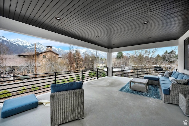 8165 S Willow Creek Cv E, Cottonwood Heights, UT 84093 - view of patio featuring outdoor lounge area, a balcony, and a mountain view