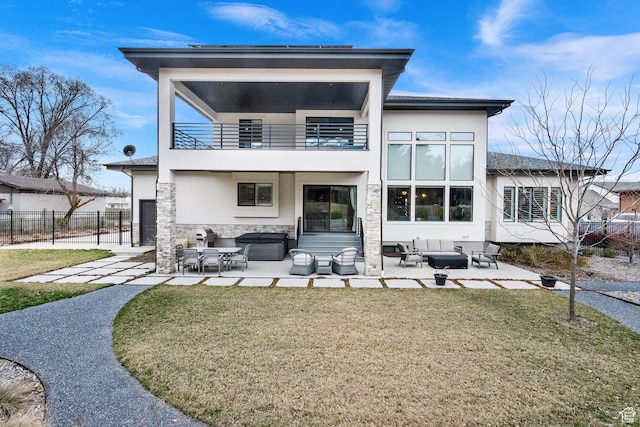 8165 S Willow Creek Cv E, Cottonwood Heights, UT 84093 - back of house featuring a balcony, fence, a patio, an outdoor living space, and a yard