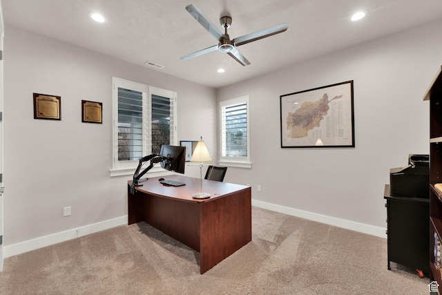 8165 S Willow Creek Cv E, Cottonwood Heights, UT 84093 - office area with light carpet, baseboards, visible vents, and a ceiling fan