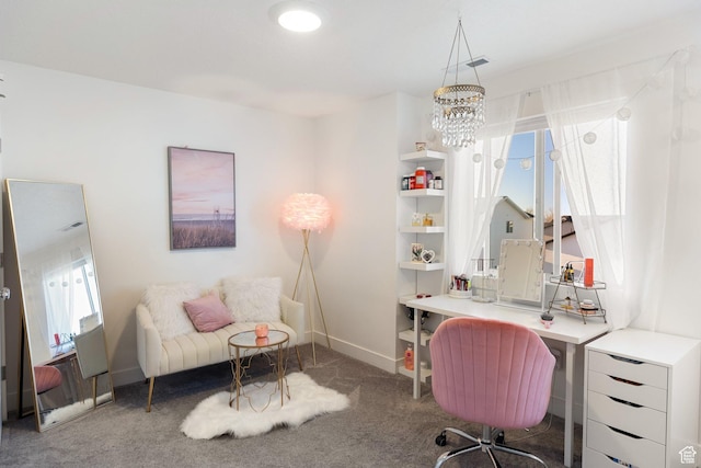 585 W 20 N, Hyrum, UT 84319 - office area featuring baseboards, visible vents, carpet floors, and an inviting chandelier