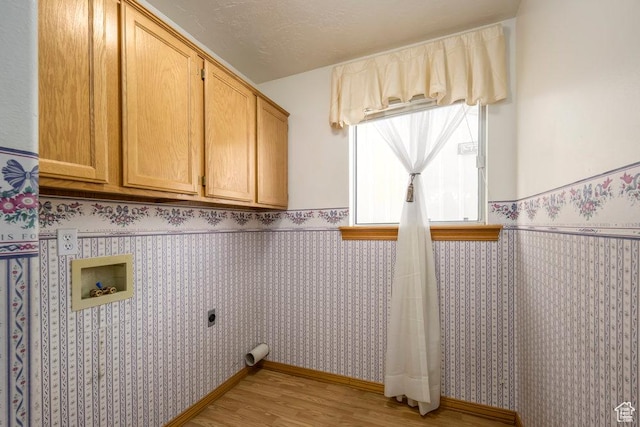 clothes washing area with cabinet space, light wood finished floors, electric dryer hookup, a wainscoted wall, and washer hookup