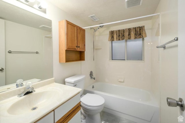 full bath with toilet, bathing tub / shower combination, vanity, and tile patterned flooring