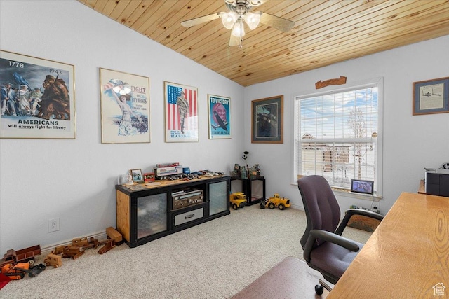 carpeted office space with a ceiling fan, wooden ceiling, baseboards, and vaulted ceiling