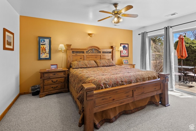 3418 E La Camino, Moab, UT 84532 - carpeted bedroom featuring access to exterior, baseboards, visible vents, and a ceiling fan