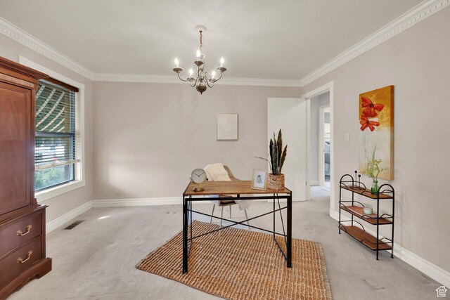 276 N 1100 E, Springville, UT 84663 - office space with a notable chandelier, crown molding, baseboards, light colored carpet, and visible vents