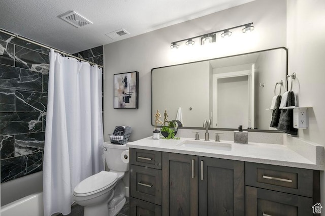bathroom with shower / bath combo, vanity, visible vents, and toilet